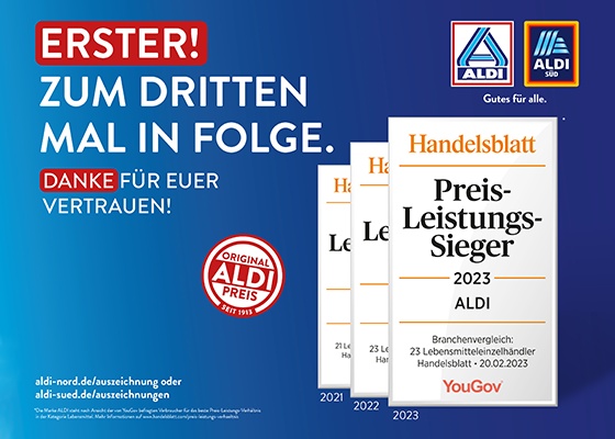 ALDI sichert Preisführerschaft und ist zum dritten Mal in Folge Preis-Leistungs-Sieger im Lebensmitteleinzelhandel