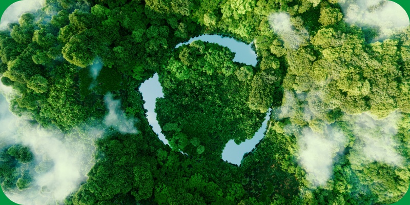 Recycling-Symbol aus 3 Seen in Waldgebiet.