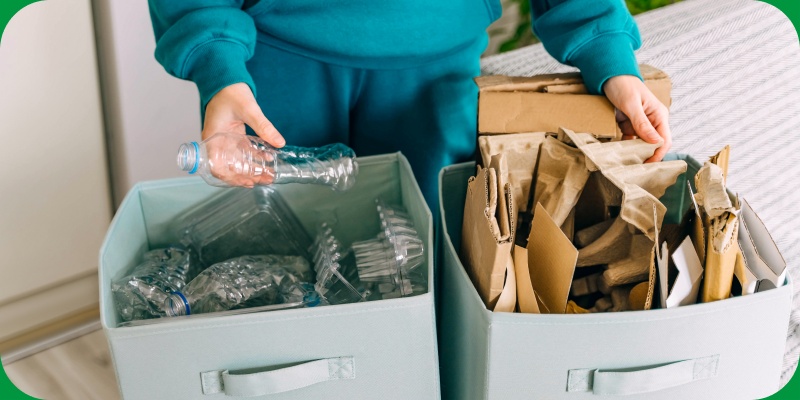 Person sortiert PET-Flaschen und Papiermüll.
