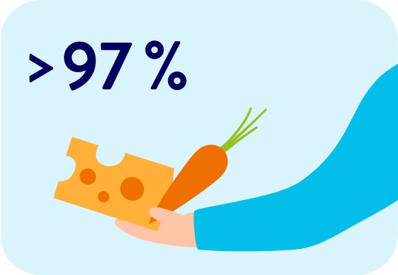 Hand hält ein Stück Käse und eine Karotte.