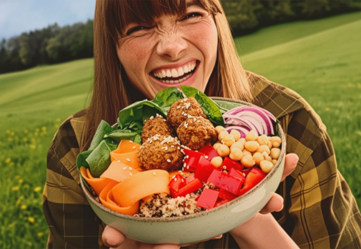 Lachende Frau hält eine bunte vegane Bowl mit Falafel, Kichererbsen, Quinoa, Spinat, roter Bete und Karotten vor einer grünen Wiesenlandschaft.