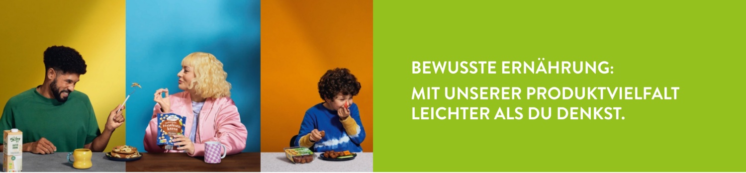 Verschiedene vegane Produkte und Personen, die vegane Gerichte probieren.