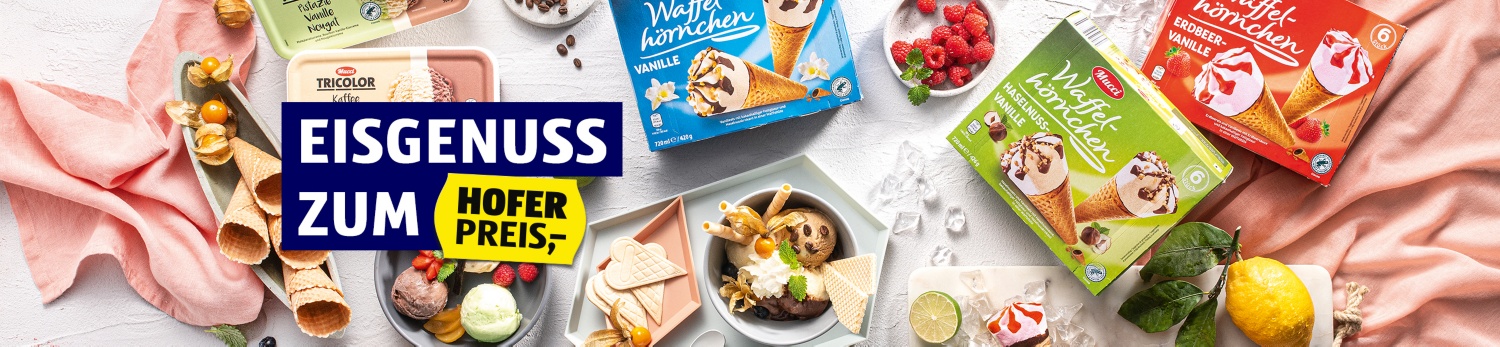 Verschiedene Eisprodukte und Zutaten auf Tisch: Waffelhörnchen, Eiscreme, Beeren, Zitrusfrüchte, Schokolade. Text: „EISGENUSS ZUM HOFER PREIS,-“