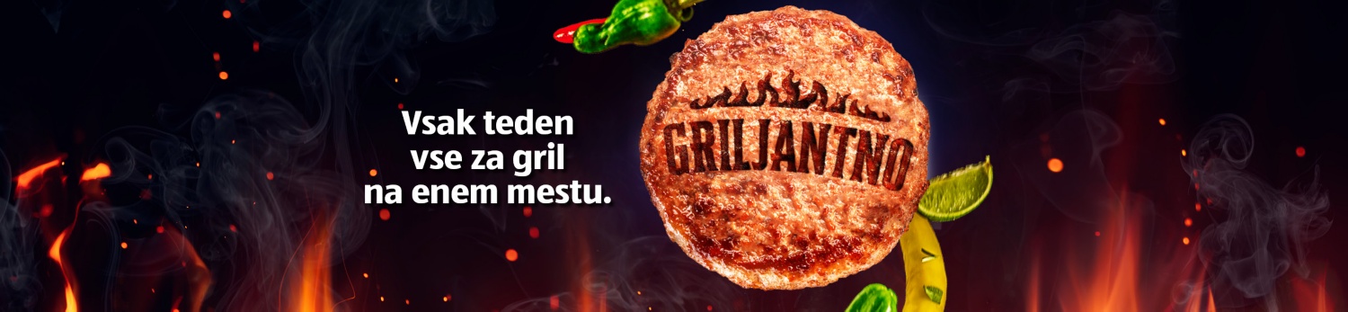Pleskavica z napisom griljantno in vsak teden vse za gril na enem mestu