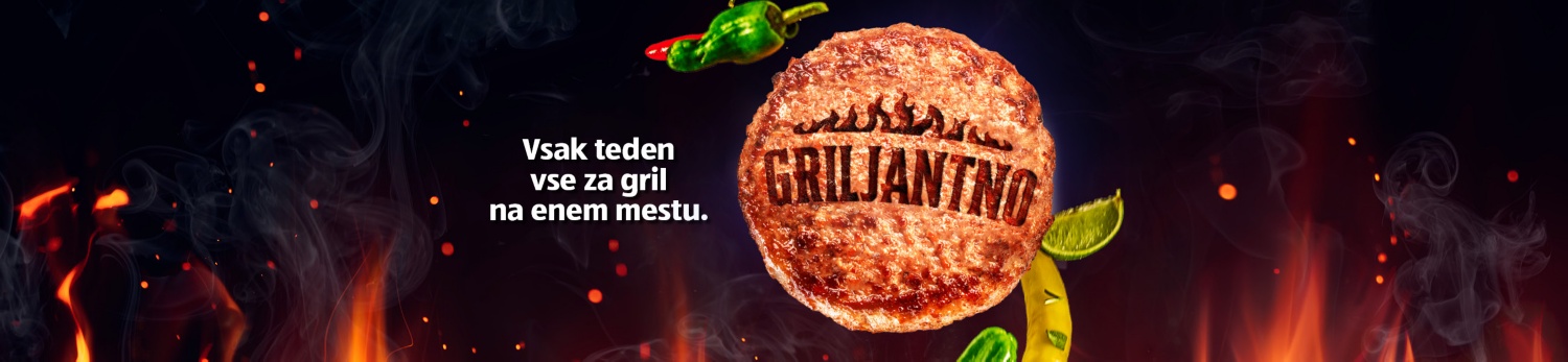 Pleskavica z napisom griljantno in vsak teden vse za gril na enem mestu