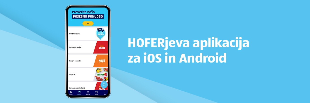 Telefon na modrem ozadju, ki na zaslonu prikazuje HOFERjevo aplikacijo za iOS in Android