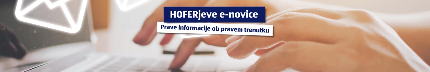 Ženske roke tipkajo in napis: Hoferjeve-e-novice