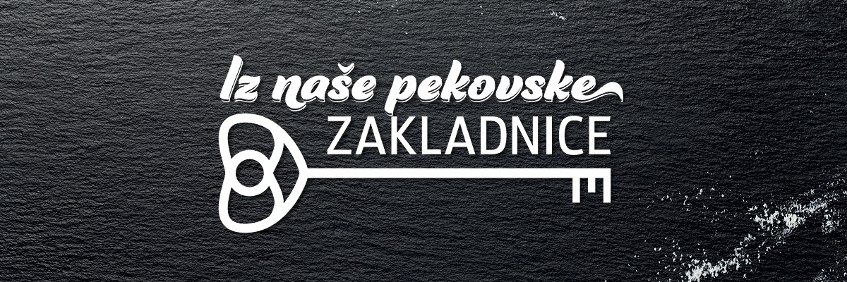 Temno rustikalno ozadje z napisom Iz naše pekovske zakladnice ter ključem 
