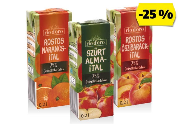 RIO D’ORO Alma- vagy narancs- vagy őszibarackital, 0,2 l/doboz