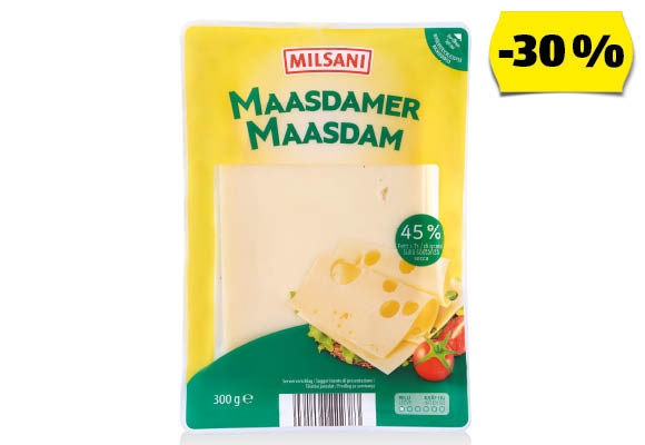 MILSANI Maasdam szeletelt sajt, 300 g/csomag