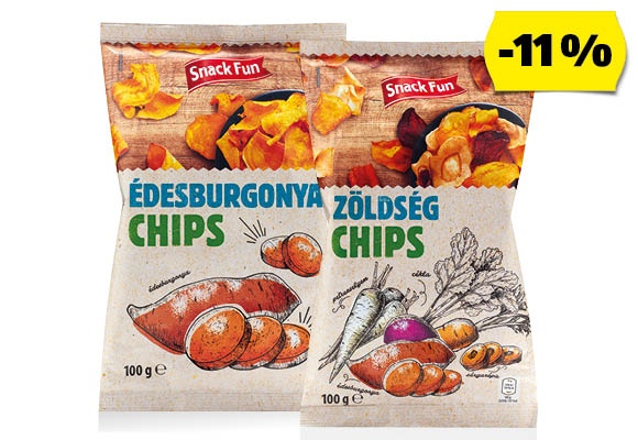 SNACK FUN Zöldségchips vagy édesburgonyachips, 100 g/csomag