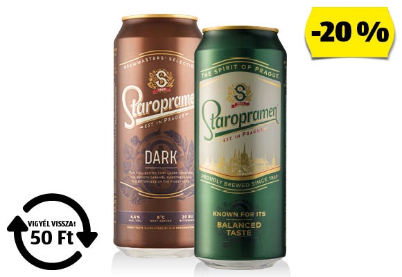 STAROPRAMEN Világos vagy barna sör, 0,5 l/doboz