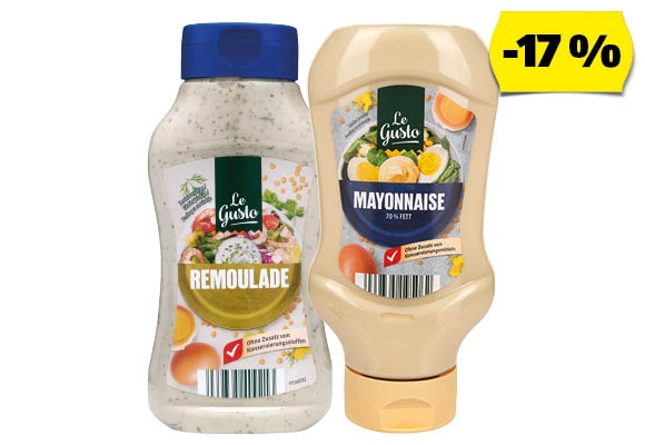 LE GUSTO Majonéz vagy remuládmártás, 500 ml/flakon