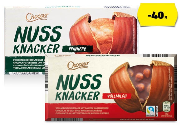 CHOCEUR Egész mogyorós tej- vagy étcsokoládé, 100 g/darab