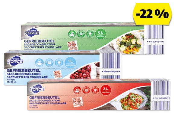 POWER FORCE Mélyhűtőtasak, 100 vagy 75 vagy 45 darab/doboz