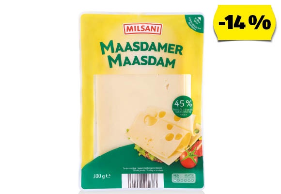 MILSANI Maasdam szeletelt sajt, 300 g/csomag