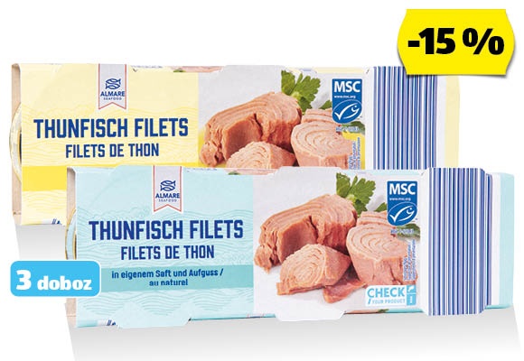 ALMARE SEAFOOD Tonhalfilé, 3 x 80 g (3 x 52 g) vagy 3 x 70 g (3 x 52 g)/csomag