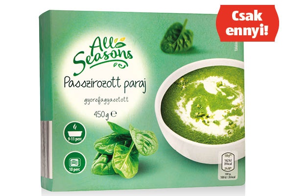 ALL SEASONS Passzírozott paraj, 450 g/doboz