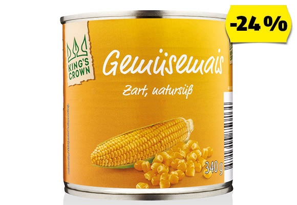 KING’S CROWN Morzsolt csemegekukorica, 340 g (285 g)/doboz