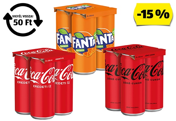 COCA-COLA / FANTA Szénsavas üdítőital, 4 x 0,33 l/csomag