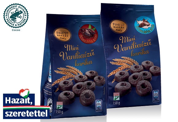 FINEST BAKERY Mini vaníliás karika csokoládéba mártva, 150 g/csomag