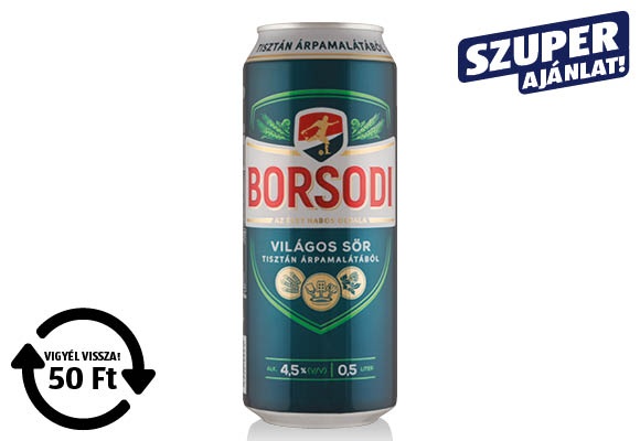 BORSODI Világos sör, 0,5 l/doboz