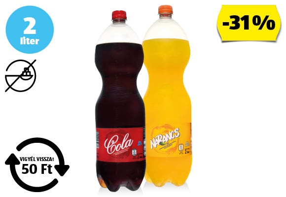 Cola- vagy narancsízű szénsavas üdítőital, 2 l/palack