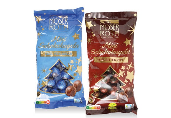 MOSER ROTH Mini tej- vagy étcsokoládé golyók, 150 g/csomag