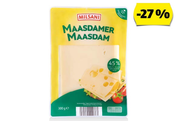 MILSANI Maasdam szeletelt sajt, 300 g/csomag