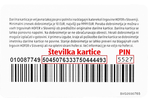 Vzorec darilne kartice z označeno vsebino, ki jo je potrebno vnesti v polja na spletni strani, za preverbo dobroimetja
