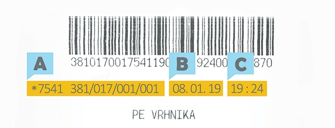 Prikazan je del HOFERjevega računa, na katerem je označeno, katere podatke z računa je treba navesti na strani MMMH.