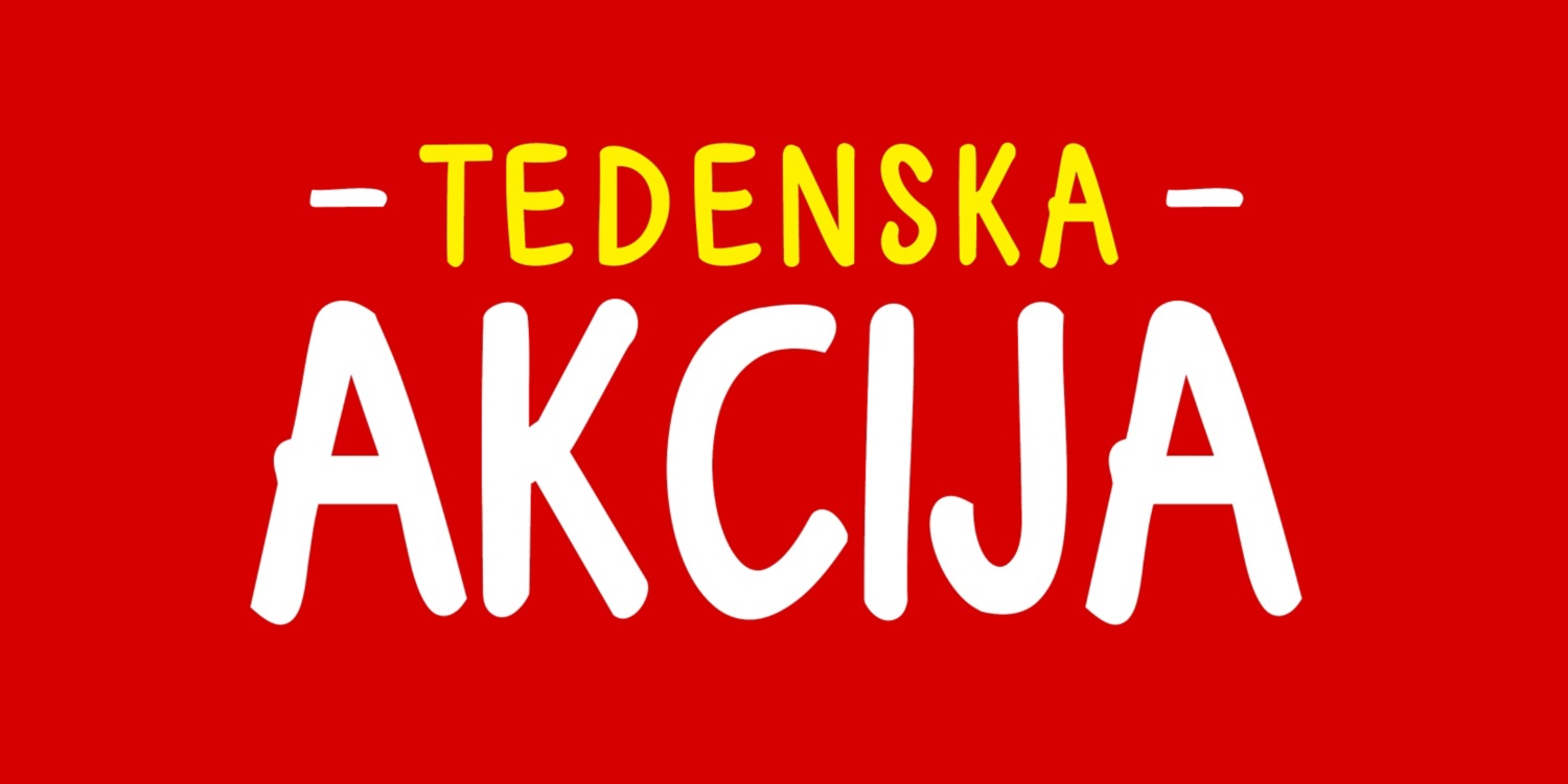 Rdeče ozadje z belo-rumenim tekstom Tedenska akcija