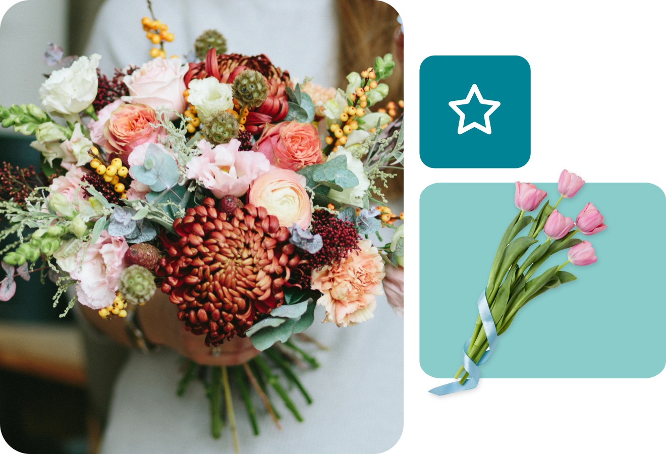 Person hält ein voluminöses und buntes Blumengesteck in den Händen.