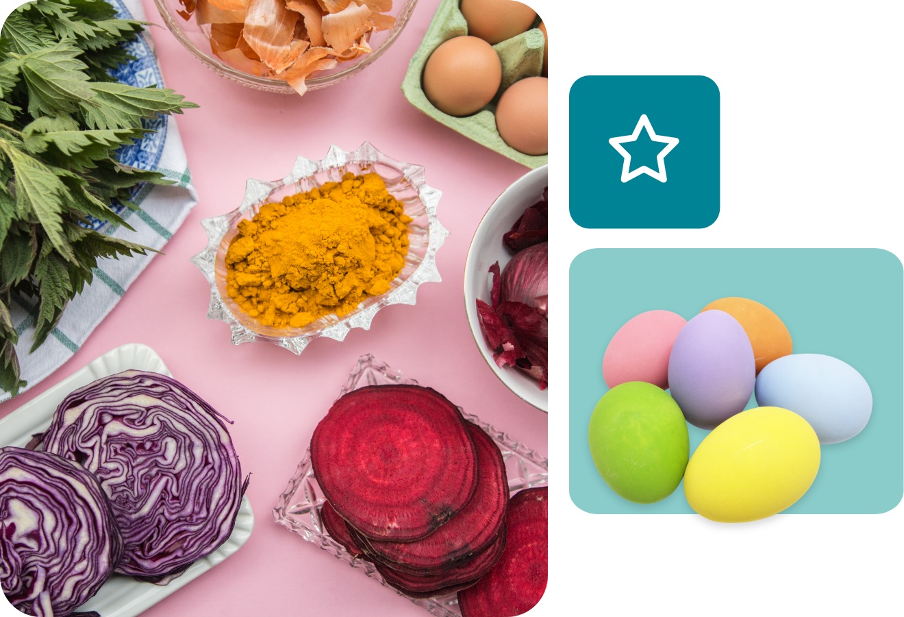 Brennessel, Rotkohl, Kurkuma, rote Bete und eine Packung Eier stehen auf dem Tisch