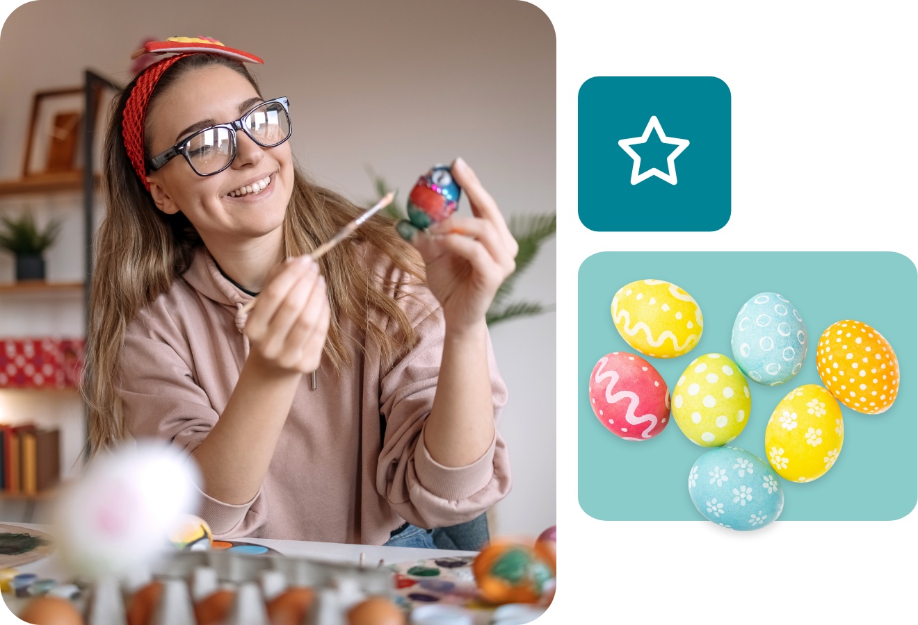 Eine Frau bemalt ein Osterei von Hand mit einem Pinsel.