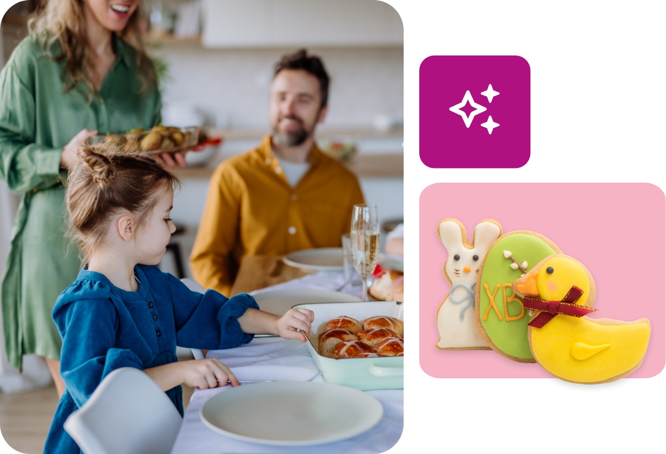 Eine Familie sitzt bei einem Osterbrunch beisammen. Auf dem Tisch stehen Tulpen und Ostergebäck wie süße Brötchen und ein Hefezopf .