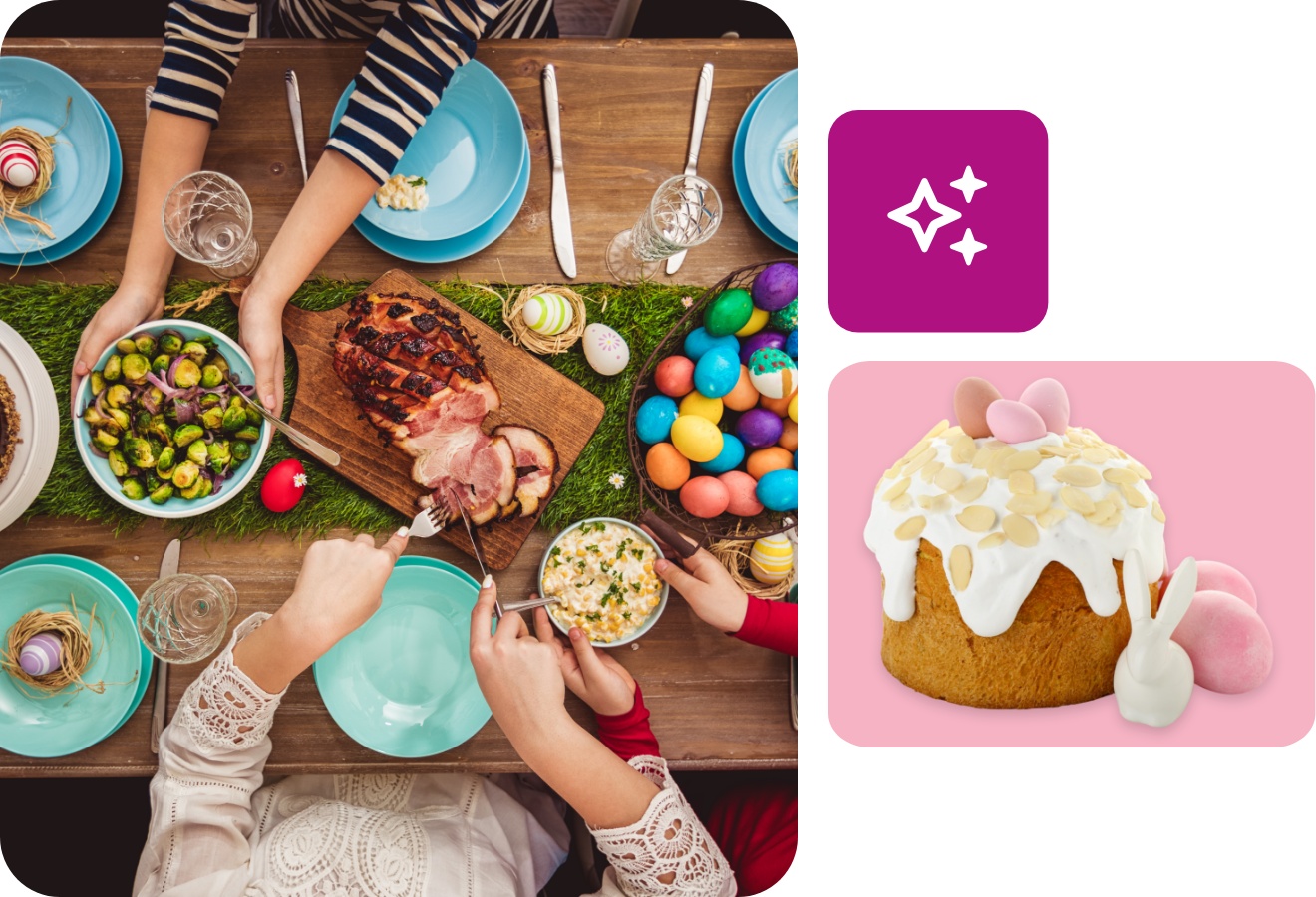 Ein Ostermenü auf einem großen Tisch mit Vorspeise, Hauptgang und Dessert