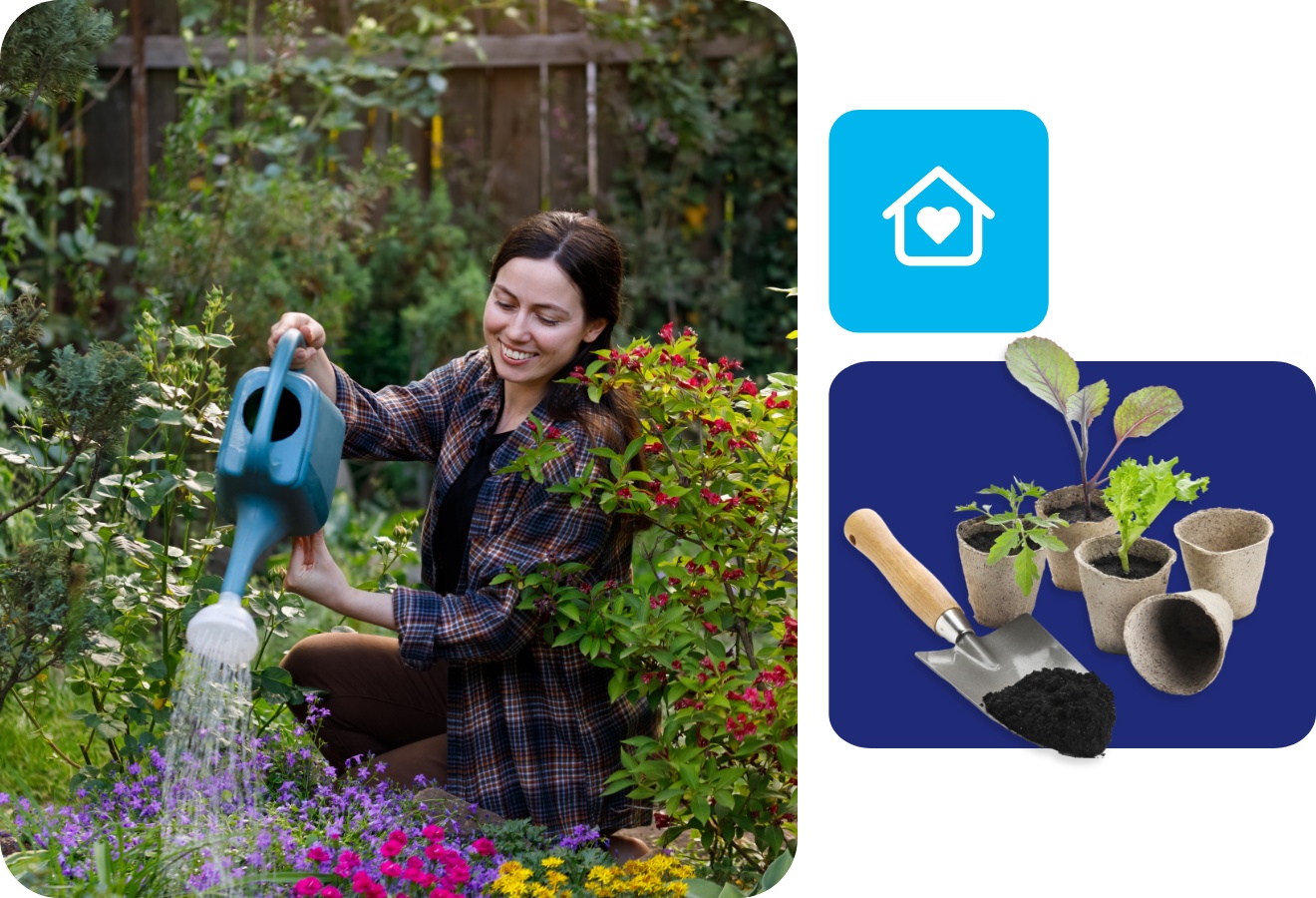 Frau gießt mit blauer Gießkanne bunte Blumen in grünem Garten, umgeben von Sträuchern und Blüten.