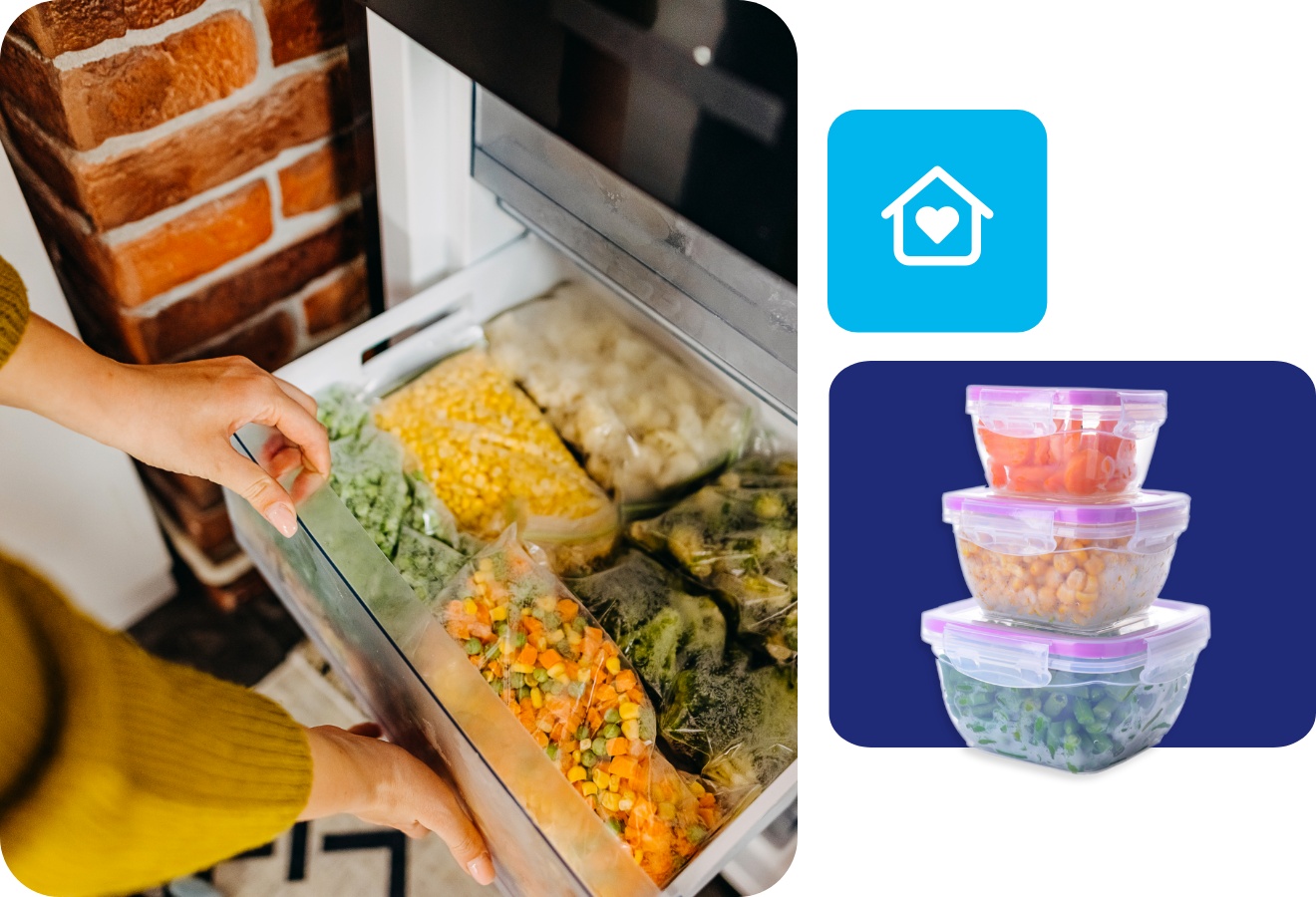 Person öffnet ein Gefrierfach, das mit abgepacktem Gemüse gefüllt ist.