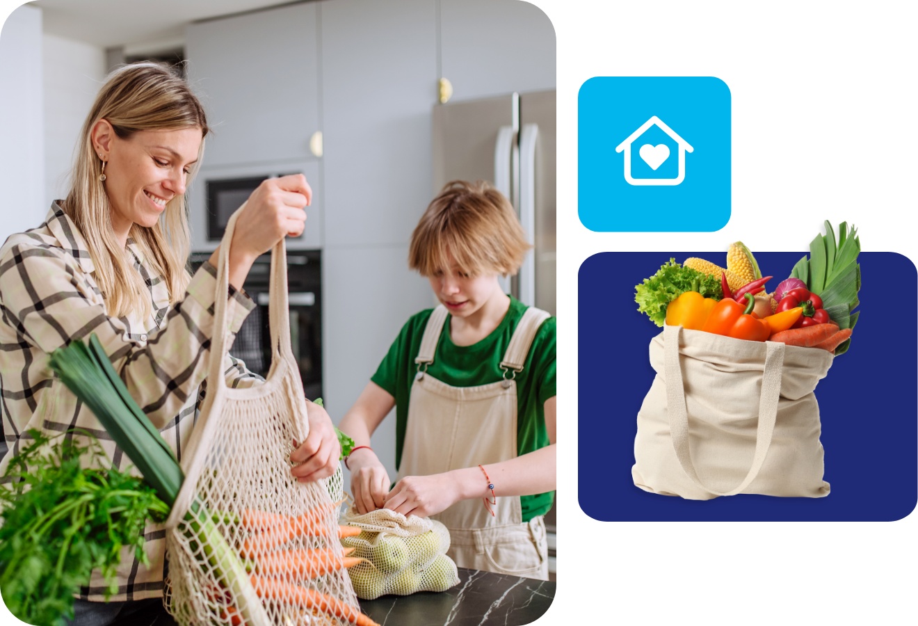 Mutter und Kind räumen frisches Gemüse aus einer Stofftasche in einer modernen Küche aus.