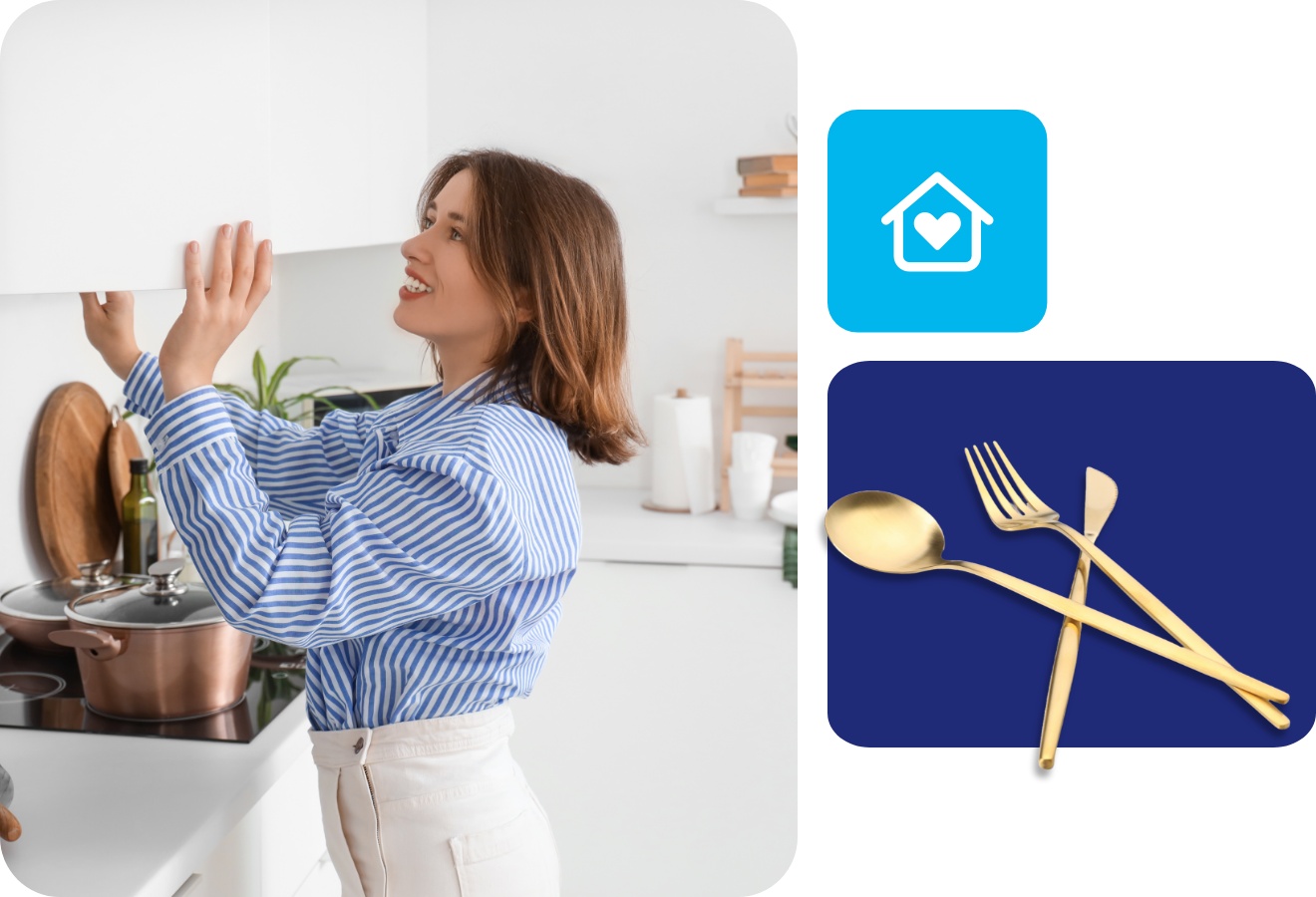 Frau in blau-weiß gestreifter Bluse öffnet einen Küchenschrank in einer modernen weißen Küche.