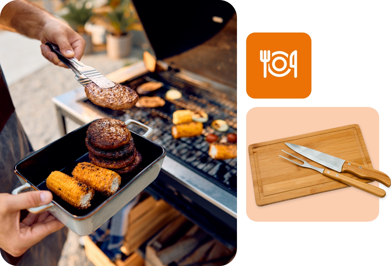 Person nimmt Grillgut aus Burger-Patties und Maiskolben vom Grill in Metallschale, daneben Gemüse auf Grillrost.