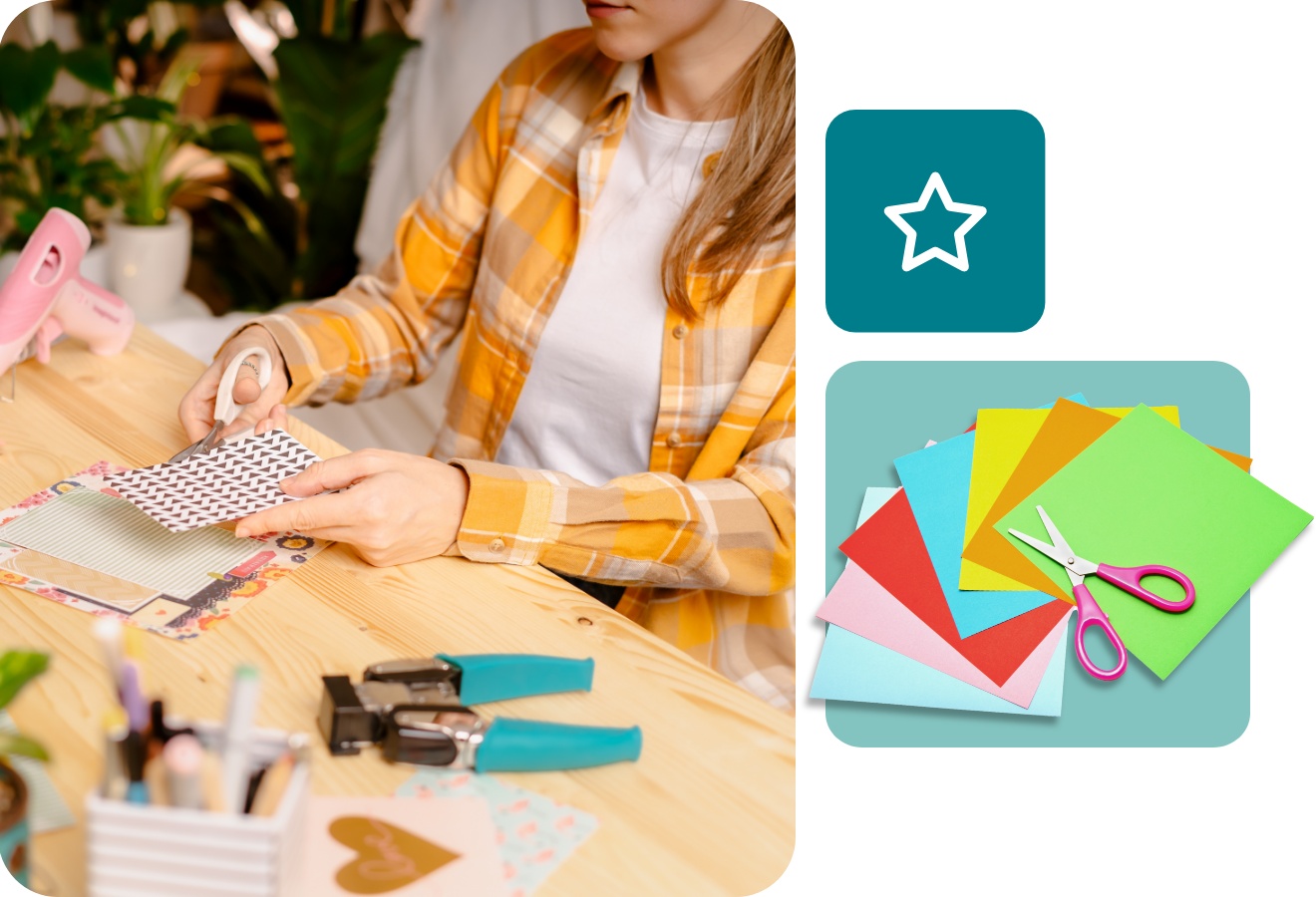 Frau in kariertem Hemd bastelt an einem Schreibtisch mit Papier, Schere und Bastelmaterialien. Kreative DIY-Handarbeitsszene.