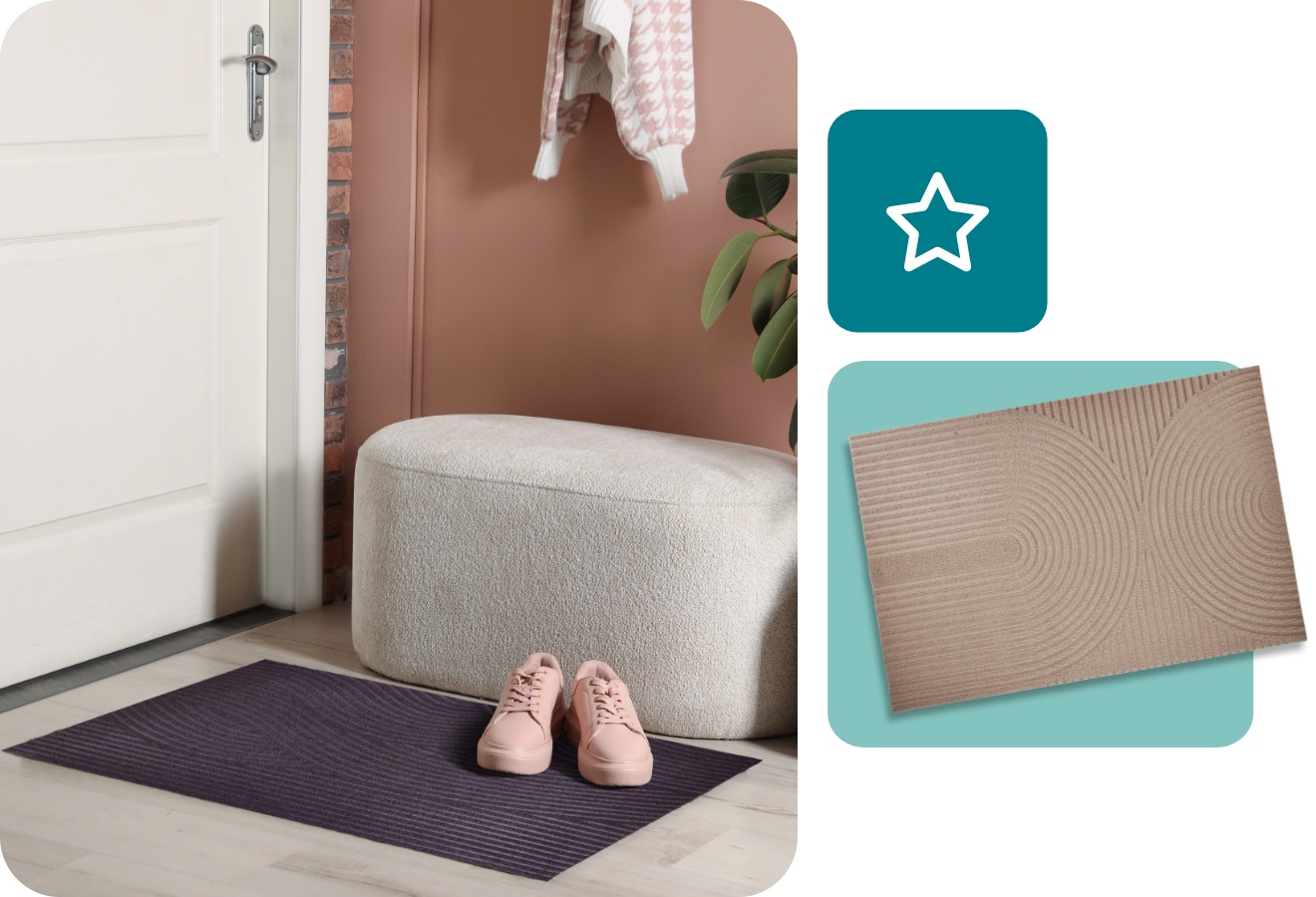 Eingangsbereich mit weißer Tür, ALDI Fußmatte in Anthrazit, rosa Schuhen, weißem Hocker und grüner Zimmerpflanze.