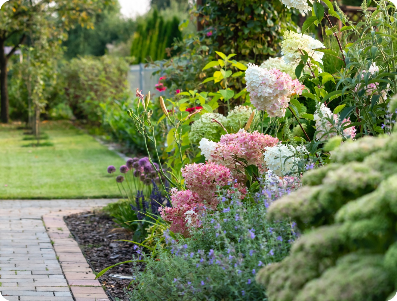 Üppiges Blumenbeet mit Hortensien und Stauden am Gartenweg, gepflegter Rasen im Hintergrund.