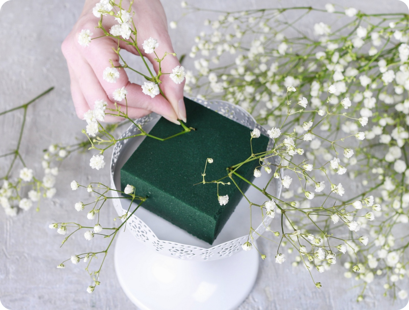 Eine Person steckt Schleierkraut in einen grünen Steckschaum.
