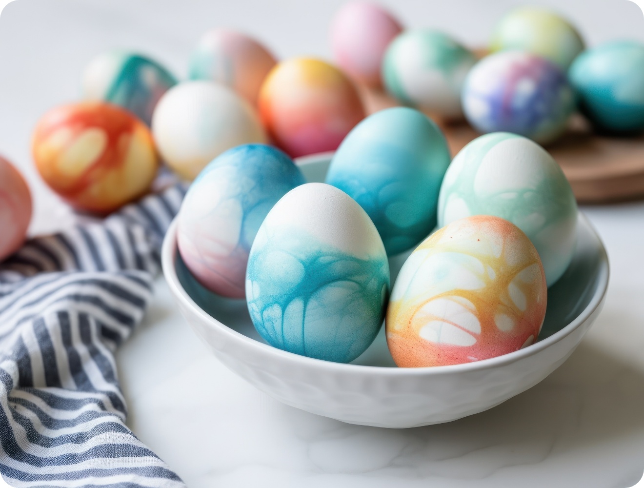Marmorierte Ostereier in Blau, Grün und Orange in einer weißen Schüssel, weitere Eier im Hintergrund auf einem Holzbrett.