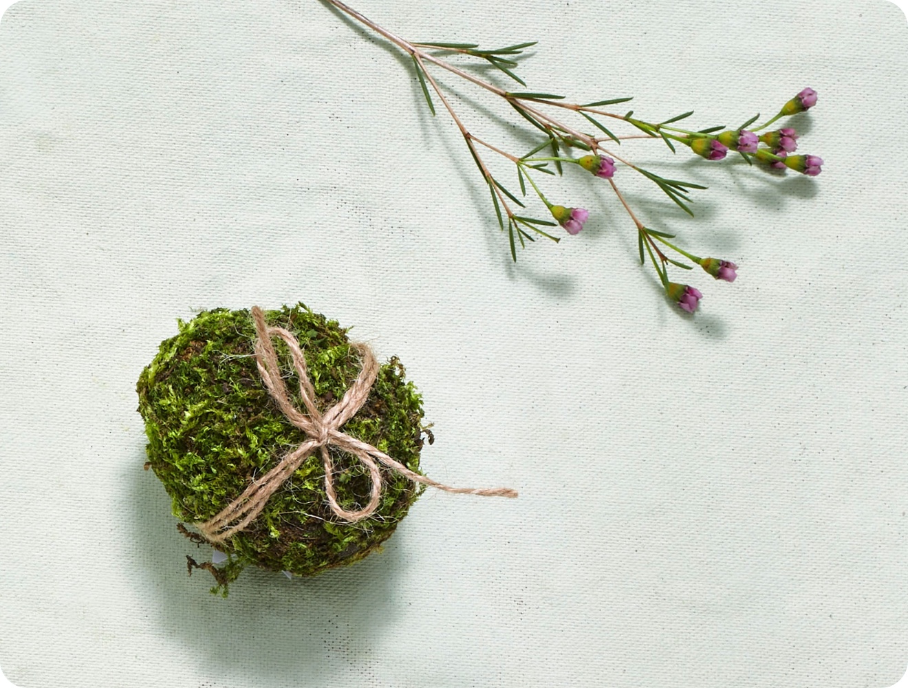 Natürliches Osterei umhüllt mit Moos und Jutekordel, daneben ein Zweig mit kleinen violetten Blüten auf hellem Hintergrund.