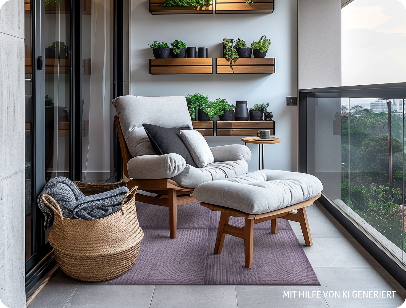 Grauer Sessel mit Holz, beige ALDI Fußmatten zu einem Teppich zusammengesetzt, Holzregale an der Wand auf einem großen modernen Balkon.