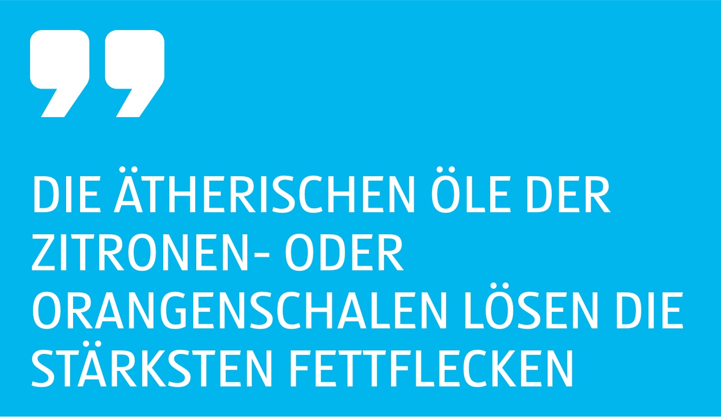 Die ätherischen Öle der Zitronen- oder Orangenschalen lösen die stärksten Fettflecken.